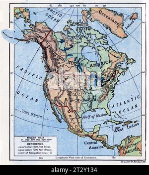 mappa del Nord America circa 1910 da un libro di testo di geografia scolastica Foto Stock