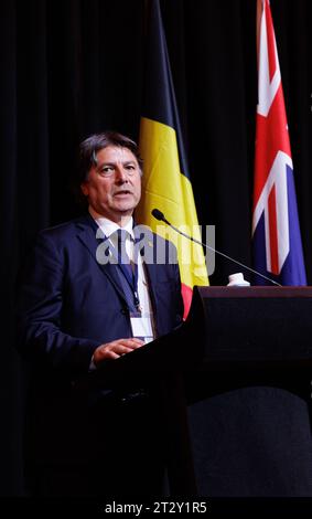 Sydney, Australia. 22 ottobre 2023. Il direttore Trade & Investment di FIT Luca Bottallo, raffigurato durante una sessione informativa prima della missione economica belga nel Commonwealth dell'Australia, a Sydney, domenica 22 ottobre 2023. Una delegazione belga è in missione economica di 10 giorni in Australia dal 19 al 28 ottobre 2023. BELGA PHOTO BENOIT DOPPAGNE Credit: Belga News Agency/Alamy Live News Foto Stock