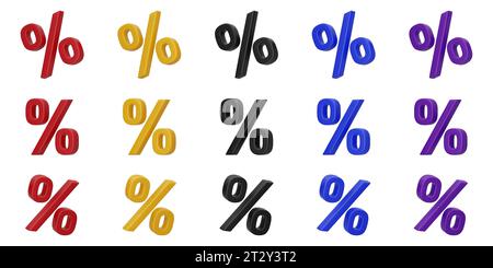 Set di icone 3d del segno percentuale. percentuale, sconto, vendita, simbolo di promozione in diversi colori. Illustrazione 3D vettoriale isolata su bianco. Illustrazione Vettoriale