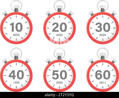 Da 10 minuti a 60 minuti sull'icona del cronometro in stile piatto. Illustrazione vettoriale timer quadrante orologio su sfondo isolato. Conto alla rovescia segno business co Illustrazione Vettoriale