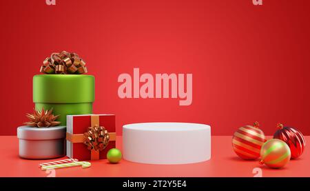 Buon Natale felice anno nuovo. Confezioni regalo podio con decorazioni dell'albero di Natale su sfondo rosso. Rendering 3D. Foto Stock