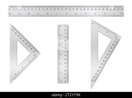Collezione di righelli in metallo. Righello corto, lungo e triangolare con diversi tipi di misura. Set di attrezzature per scuole vettoriali. Illustrazione Vettoriale