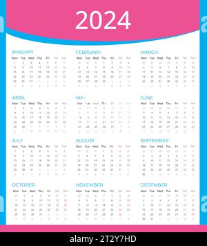 Calendario per il 2024, calendario rosa blu 2024 settimana a partire da lunedì, modello calendario Vector 2024, progettazione calendario semplice Foto Stock