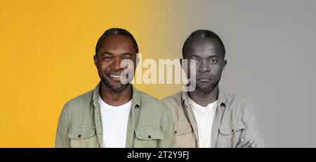 L'uomo nero adulto positivo, triste e arrabbiato soffre di depressione, stress su sfondo giallo e grigio Foto Stock