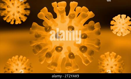 Sfondo giallo e rosso con virus. Progettazione. Uno sfondo ricco di sfumature realizzato in astrazione con batteri rotanti. Foto Stock