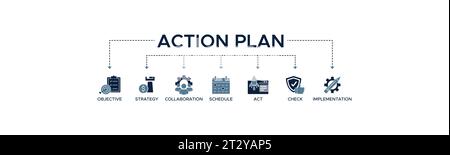 Piano d'azione banner web icon illustrazione vettoriale concept con icona di obiettivo, strategia, collaborazione, pianificazione, atto, lanciare, controllare e implementare. Illustrazione Vettoriale