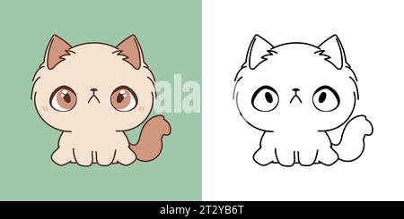 Clipart Ragamuffin Cat multicolore e bianco e nero. Carino Clip Art Kitty. Carino illustrazione vettoriale di un piccolo animale Kawaii per adesivi, bambino Illustrazione Vettoriale