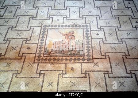 Paphos, Cipro - 27 settembre 2023: Parco archeologico di Kato Paphos, sito patrimonio dell'umanità dell'UNESCO, antico mosaico relativo alla mitologia greca, Paph Foto Stock