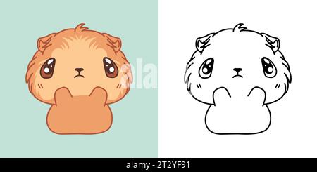 Illustrazione carino e isolata Guinea Pig e per colorare pagina. Cartoon Clip Art Baby Rodent. Illustrazione vettoriale isolata di un animale Kawaii per Illustrazione Vettoriale