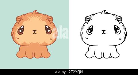 Kawaii Clipart Baby Guinea Pig Illustration e per colorare pagina. Divertente roditore Kawaii Baby. Carino illustrazione vettoriale di un animale Kawaii per adesivi Illustrazione Vettoriale