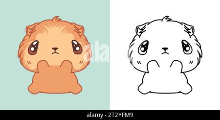 Illustrazione carino e isolata Guinea Pig e per colorare pagina. Cartoon Clip Art Baby Animal. Cartoon Vector illustrazione del roditore Kawaii per adesivi Illustrazione Vettoriale