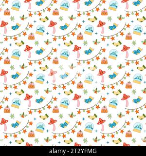 Buon Natale con motivo elegante senza cuciture. Collezione di elementi invernali hippie per le vacanze nel vecchio stile di animazione alla moda. Motivo natalizio elegante. Illustrazione Vettoriale