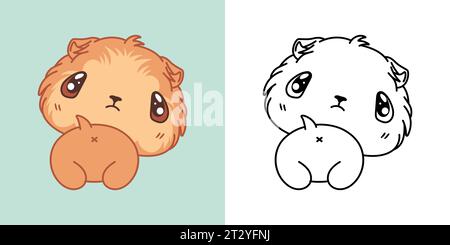 Kawaii Baby Guinea Pig per colorare pagina e illustrazione. Adorabile cucciolo con Clip Art. Carino illustrazione vettoriale di un roditore Kawaii per adesivi Illustrazione Vettoriale