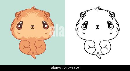 Kawaii Baby Guinea Pig Clipart multicolore e bianco e nero. Carino Kawaii Baby PET. Illustrazione vettoriale isolato di un animale domestico Kawaii per le stampe Illustrazione Vettoriale