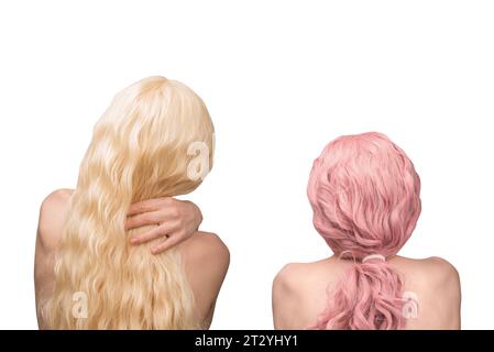 Donna con capelli lunghi biondi e ricci. Donna indietro isolato. Foto Stock