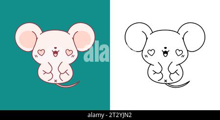 Topi piccoli isolati Clipart multicolore e bianco e nero. Carino Cartoon mouse. Illustrazione vettoriale di un roditore Kawaii per stampe per vestiti Illustrazione Vettoriale