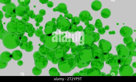 Flusso di bolle luminose su sfondo bianco. Progettazione. Bolle d'aria in movimento diagonale. Foto Stock