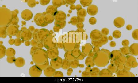 Flusso di bolle luminose su sfondo bianco. Progettazione. Bolle d'aria in movimento diagonale. Foto Stock