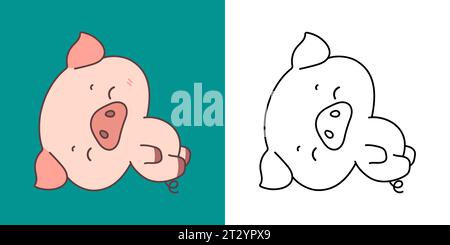 Impostare Clipart Pig Coloring Page e Color Illustration. Kawaii isolò Farm Animal. Carino illustrazione vettoriale di un animale Kawaii per adesivi, stampe Illustrazione Vettoriale