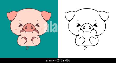 Impostare Vector Baby Piggy multicolore e bianco e nero. Kawaii Clip Art Baby Animal. Carino illustrazione vettoriale di un animale da fattoria Kawaii per adesivi Illustrazione Vettoriale
