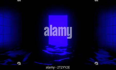 Faretti al neon con pareti surreali e superficie d'acqua. Progettazione. Luci accese sul pavimento bagnato. Foto Stock