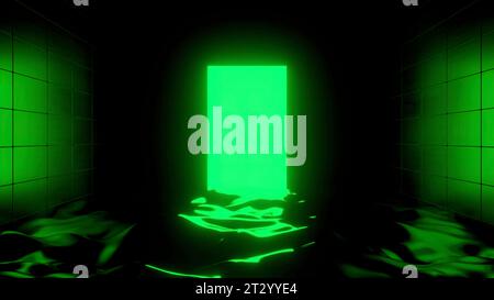 Faretti al neon con pareti surreali e superficie d'acqua. Progettazione. Luci accese sul pavimento bagnato. Foto Stock