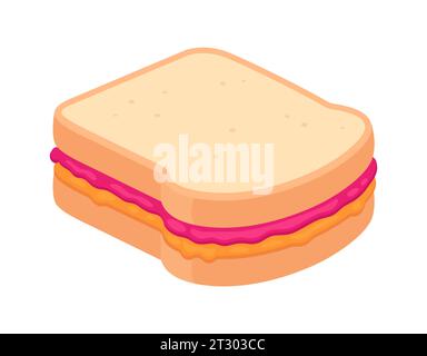 Disegno sandwich PBJ. Pane tostato bianco con burro di arachidi e marmellata di lamponi. Illustrazione del cartone animato con disegno vettoriale piatto. Illustrazione Vettoriale