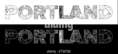 Portland Oregon City Name (Stati Uniti, Nord America) con vettore di illustrazione della mappa della città in bianco e nero Illustrazione Vettoriale