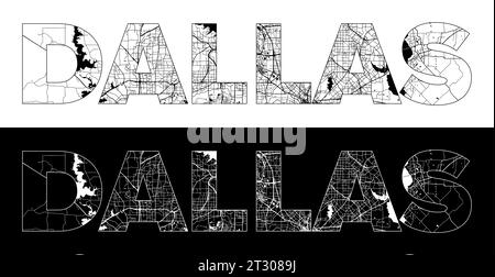 Nome città di Dallas (Stati Uniti, Nord America) con vettore di illustrazione mappa della città in bianco e nero Illustrazione Vettoriale