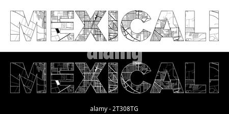 Nome città Mexicali (Messico, Nord America) con vettore di illustrazione mappa della città in bianco e nero Illustrazione Vettoriale