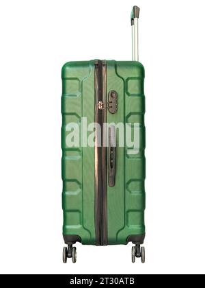 vista frontale della valigia da viaggio verde isolata su sfondo bianco Foto Stock