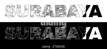 Nome città di Surabaya (Indonesia, Asia) con vettore di illustrazione mappa della città in bianco e nero Illustrazione Vettoriale