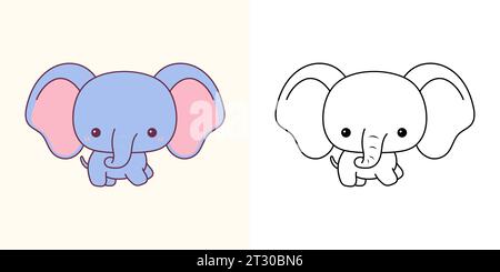 Impostare Vector Baby Elephant multicolore e bianco e nero. Kawaii Clip Art Baby Animal. Carino illustrazione vettoriale di un animale africano Kawaii per Illustrazione Vettoriale
