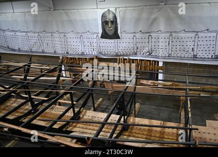 Costruzione della replica della nave funeraria anglosassone Sutton Hoo, Woodbridge, Suffolk Foto Stock