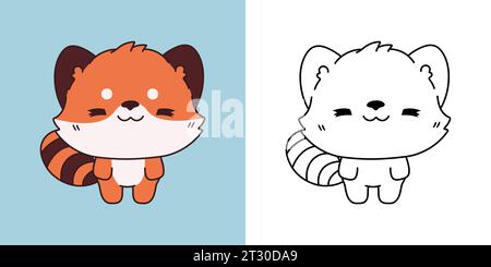 Illustrazione del Panda rosso isolato e carino e per colorare la pagina. Cartoon Clip Art Baby Animal. Cartoon Vector Illustration of Kawaii Animal for Stickers Illustrazione Vettoriale
