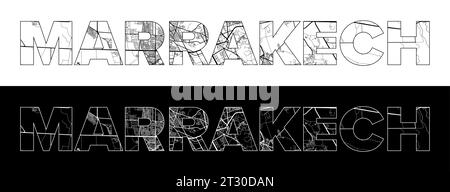Marrakech nome città (Marocco, Africa) con vettore di illustrazione mappa della città in bianco e nero Illustrazione Vettoriale