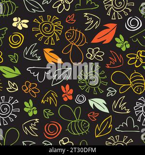 Motivo di sfondo vettoriale nero senza cuciture con ape, foglia, erba e sole da cartoni animati. Adatto per carta da parati e tessuto. Illustrazione Vettoriale