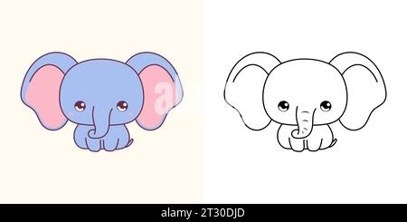Elefante Kawaii multicolore e bianco e nero. Bellissimo animale isolato. Illustrazione vettoriale divertente di un bambino animale Kawaii per stampe per vestiti Illustrazione Vettoriale