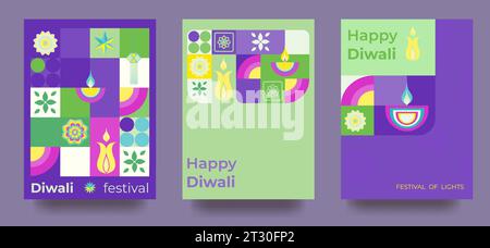 Set di carte per la celebrazione Diwali. Poster geometrico colorato in stile minimalista. Vettore Illustrazione Vettoriale