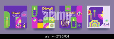 Modello di post sui social media per la celebrazione Diwali. Poster geometrico colorato in stile minimalista. Vettore Illustrazione Vettoriale