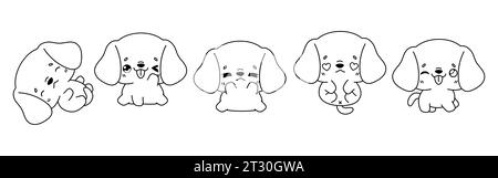 Set di Kawaii isolato Beagle Dog Coloring Page. Collezione di carini Vector Cartoon Animal Outline per adesivi, Baby Shower, Coloring Book, stampe per Illustrazione Vettoriale