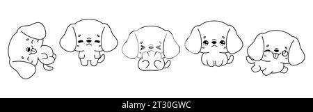 Collezione di Vector Cartoon Beagle Dog Coloring Page. Set di Kawaii Isolated Puppy Outline per adesivi, Baby Shower, Coloring Book, stampe per Illustrazione Vettoriale