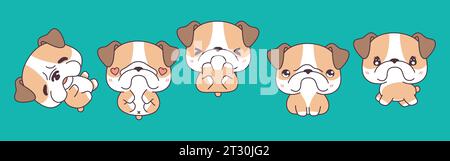 Set di Bulldog Dog isolato Kawaii. Collezione di illustrazioni Vector Cartoon Puppy per adesivi, Baby Shower, pagine da colorare, stampe per abiti Illustrazione Vettoriale