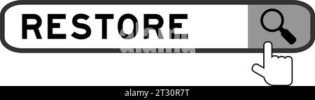 Banner di ricerca in Word Restore con icona della lente di ingrandimento a mano su sfondo bianco Illustrazione Vettoriale