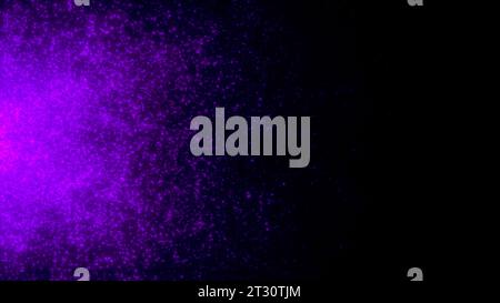 Sfondo nero con luminosità viola e blu. Movimento. Stelle a spruzzo realizzate in animazione 3d che volano in direzioni diverse. Foto Stock