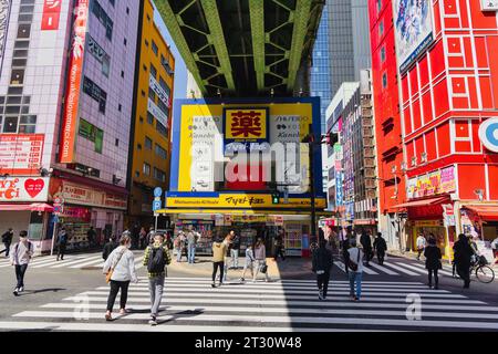 Tokyo, Giappone - 9 aprile 2023: Paesaggio urbano con attraversamento di zebre e persone non identificate ad Akihabara. Il soprannome di Akihabara è Electric Town, rinomata Foto Stock