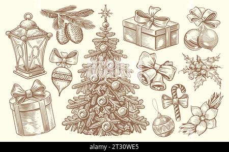 Set di oggetti retrò per Natale e Capodanno in stile sketch. Illustrazione vettoriale del concetto di vacanza invernale disegnata a mano d'epoca Illustrazione Vettoriale