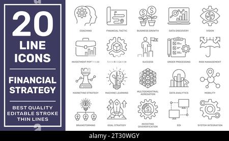Semplice serie di icone delle linee vettoriali correlate alla strategia finanziaria. Tratto modificabile. Pixel perfetti. EPS 10 Illustrazione Vettoriale