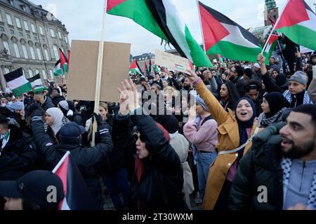 Il popolo partecipa a una protesta a sostegno dei palestinesi mentre il conflitto tra Israele e il gruppo islamista palestinese Hamas continua, fuori dal Parlamento danese a Copenaghen, in Danimarca, il 22 ottobre 2023. Foto Stock