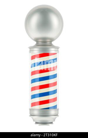 Barber Pole, lampada a LED. Cartello a strisce luminose rotanti rosso bianco blu per parrucchiere, rendering 3D isolato su sfondo bianco Foto Stock